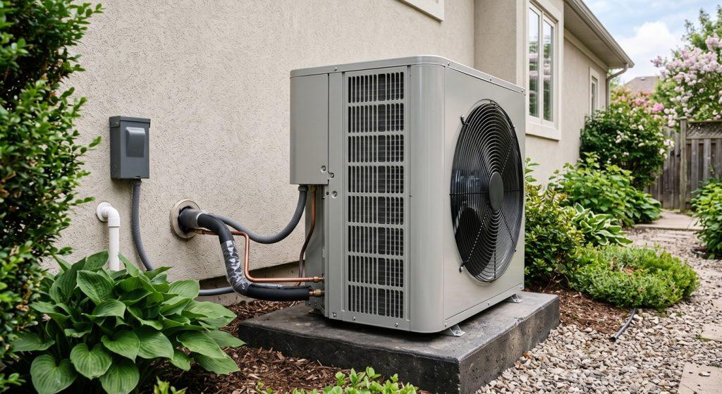 An outdoor residential air-source heat pump unit sitting on a concrete pad next to a beige stucco house wall, surrounded by green garden plants, mulch, and flowering bushes.