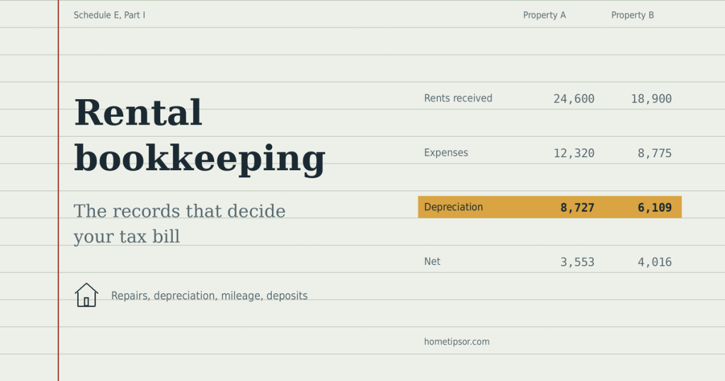 Rental bookkeeping ledger showing Schedule E rents, expenses and depreciation for two properties